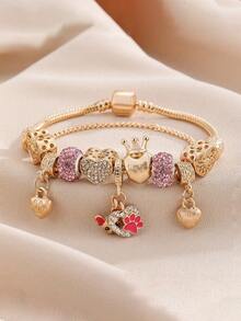 1 件 7.09+1.97 英寸圣诞节 DIY 锌合金手链适合男女情侣佩戴爱心皇冠小狗吊坠带水钻挂珠珠宝手链 - 彩色 - 查看 4