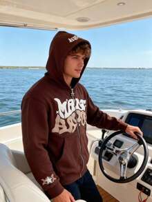 New Spring And Autumn Sweater Men's And Women's Fashion Wear Group Men's Hip-Hop Foam Letter Top Printing Hooded Zipper Sweater Christmas Match Women's Casual Top Cardigan Coat - màu nâu - Xem 3