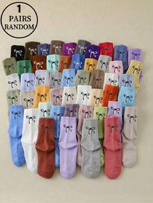 1 Pair/10 Pairs Autumn And Winter Random Multi-Color Candy Color Dopamine Outfit Heel Bow Pattern Japanese Sweet And Cute Daily Versatile Outdoor Sports Gym Outfit Commuting Portable Girls Campus Home School Style Outfit Can Be Matched With Sports Shoes Leather Shoes Chunky Sneakers Soft And Skin Friendly Comfortable Warm Women's Crew Socks