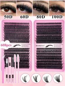 640/608 piezas Conjunto de libro de pestañas con capacidad grande y rizado DD, pestañas con mechones 10D+20D+30D+40D/30D+40D+50D+60D/50D+60D+80D+100D, múltiples combinaciones diferentes, mechones de pestañas de 10-16 mm, naturales y suaves. El conjunto incluye pegamento para pestañas, bonding y sellado, pinzas y brochas de rímel, adecuado para el kit de racimos de pestañas delgadas, pestañas postizas.