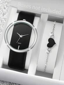 2pcs/Set Women's Gift Watch With Leather Strap, Fashion Minimalist Hollow Dial Classic Quartz Wristwatch + Heart-Shaped Bracelet (Watch Box Not Included) - Black - View 6