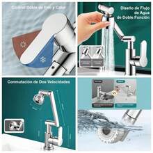 Grifo Giratorio 1080, Mezclador de Fregadero de Bao Mezclador Giratorio de 1080 Fregadero de Acero Inoxidable para Agua Caliente y Fra con 2 Mangueras de 60CM - plateado - Ver 1