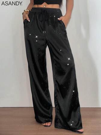 Women's Fall Casual Drawstring Pants - Random Sequins & Foil Print Straight Leg Trousers, Holiday Party Wide Leg