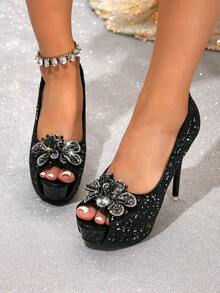 女士高跟鞋，夜店风格水钻花朵派对露趾鞋，细跟厚底浅口闪光时尚鞋 - 黑色 - 查看 5