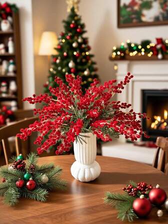 Flower Realm Real Touch Silk Artificial Mimosa Flower, Christmas Style Golden Yellow Faux Acacia Branch, Fluffy Bloom Design, Warm Winter Home Decoration / Holiday Table Arrangement / Gift Decor