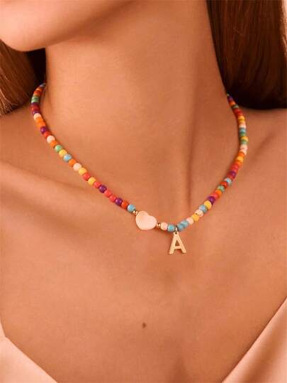 Fashionable Elegant Romantic Letter Stainless Steel Heart Pendant Necklace With Colorful Plastic Beads And Adjustable Chain, Suitable As A Gift For Girl, Girls, Family, Friends, Valentine's Day, Mother's Day