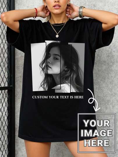 เสื้อยืดผู้หญิงทรงหลวมพิมพ์ลายรูปภาพ/ข้อความตามสั่ง, อัปโหลดรูปภาพ/รูปกลุ่ม/รูปเพื่อนของคุณ, ป้อนข้อความ/คำอวยพร/ชื่อ/ข้อความที่มีความหมาย/ตลก, เสื้อยืดแขนสั้นทรงโอเวอร์ไซส์ลำลองสีดำ, ของขวัญวันหยุด, ของขวัญพิเศษ, ของขวัญสร้างสรรค์, คู่รัก, เพื่อนสนิท, ชุดทีม