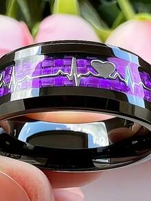 Nhẫn điện tâm đồ bằng thép không gỉ sợi carbon khảm đen Nhẫn điện tâm đồ vàng, Tuyên bố tình yêu, Nhẫn cưới cho nam và nữ, Phù hợp cho nam và nữ - Màu tím - Xem 8