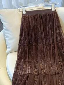 LuminousWealth Women's Elegant Long Skirt - Brown Pleated A-Line Skirt, Velvet & Mesh Design, Suitable For All Seasons, High Waist - 咖啡棕 - 查看 3
