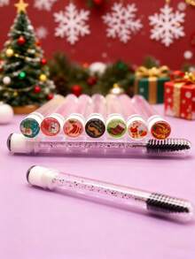 1/3/5/7pcs Transparent Crystal Christmas Series Cartoon Eyelash & Eyebrow Brushes, Portable Tube With Santa Claus, Snowflake, Reindeer, Christmas Tree Patterns - Multicolor - View 1