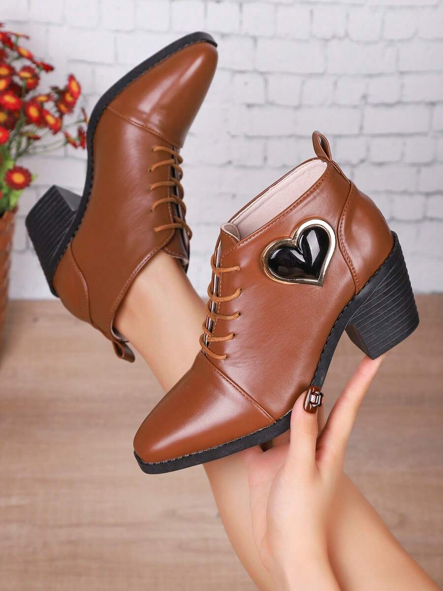 Botas de tobillo con tacón grueso y punta cuadrada con cordones en marrón para mujer, botas de tobillo con decoración de tacón medio, botas con cordones de moda, adecuadas para primavera y otoño - Marrón - Ver 1