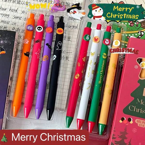 Christmas Limited Edition Button Pen, Halloween Press Type Neutral Pen 0.5mm Black Ink Ballpoint Pen, Quick Drying For Students