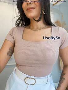 Women's Ribbed Square Neck Short Sleeve Blouse Casual Everyday Top - Beige- - View 2