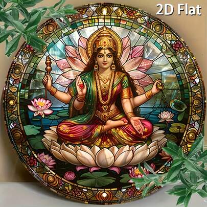 1件复古圆形木质海报，女神端坐莲花宝座，神圣图像，复古墙饰，适用于酒吧、咖啡馆、海滨别墅、后院等场所，适合营造精神空间，尺寸19.81x19.81厘米，精神墙饰 | 图片 | 做工精细，莲花装饰，预钻孔（尺寸见图）。