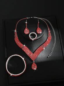 Bộ trang sức 5 món dành cho nữ gồm dây chuyền, bông tai, vòng tay và nhẫn, thích hợp cho cô dâu và mùa cưới, phụ kiện ngày Valentine. - Đỏ - Xem 3