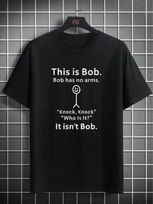 Men's 'ThisIsBob' Graphic T-Shirt - Casual And Comfortable Polyester, Lightweight Crew Neck Short Sleeve T-Shirt With Fun English Letter Print, Perfect For Summer - 黑色 - 查看 6