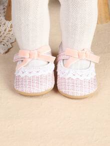 1 Pair Girls' Solid Color Mary Jane Flat Shoes, New Woven Bow Design Princess Shoes, Suitable For Autumn - Pink - View 6