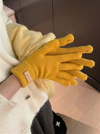 女士针织保暖手套，冬季防风加厚糖果色触屏骑行手套