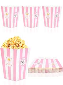10pcs/20pcs/50pcs Light Pink Movie Night Large Popcorn Favor Boxes Pink & White Striped Popcorn Bowl Mini Paper Snack Dessert Candy Containers For Movie Theme Party Supplies - Pink and White Stripes - View 1