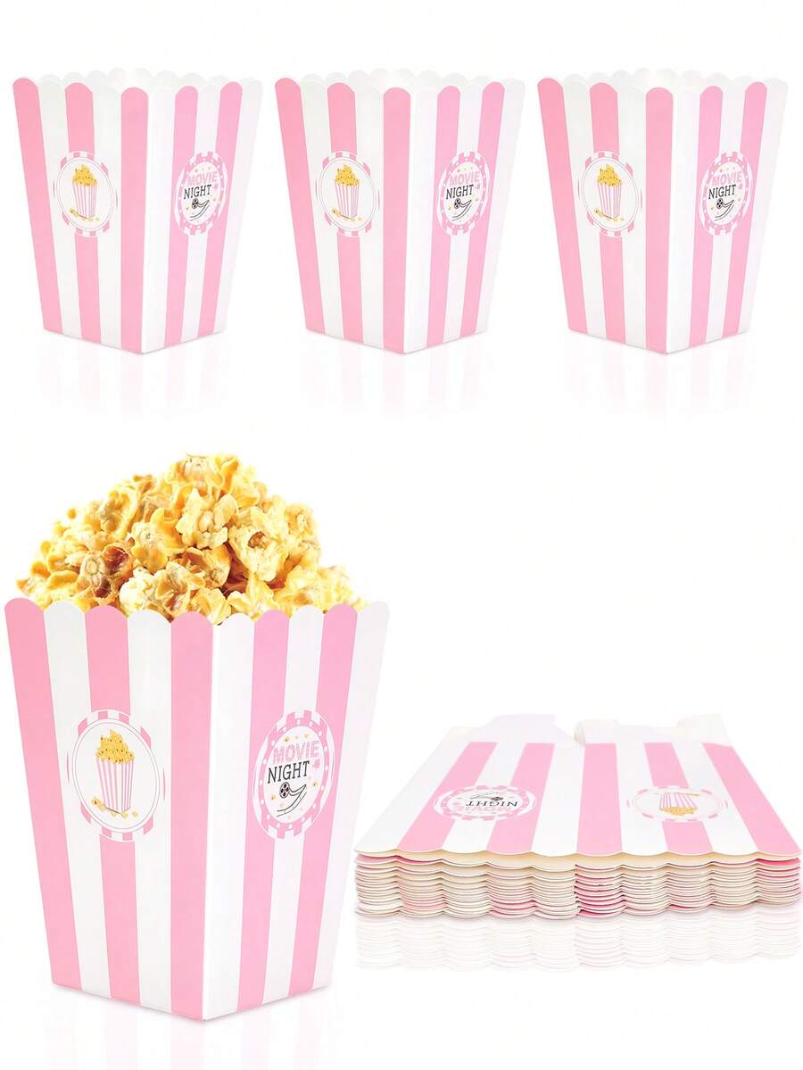 10pcs/20pcs/50pcs Light Pink Movie Night Large Popcorn Favor Boxes Pink & White Striped Popcorn Bowl Mini Paper Snack Dessert Candy Containers For Movie Theme Party Supplies - Pink and White Stripes - View 1