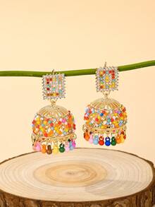 1pair Exaggerated Luxury Bollywood Style Dangle Earrings,Square Design Earrings With Handmade Beads Tassel, Jewelry For Women Daily Wear,Party And Weddings, Women's Gifts