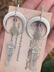 2 件复古合金波西米亚风手工太阳脸镂空星星图案吊坠耳环适合女士日常佩戴 - 金黃色 - 查看 8