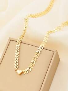 1pc Minimalist Chic Herringbone Chain Heart Pendant Necklace, Elegant Women Jewelry - Necklace - View 2