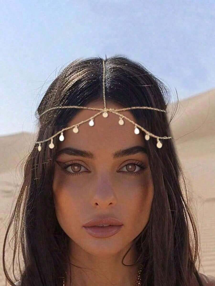 Boho Head Chain Gold Sequins Headbands Chain Layered Bridal Headpiece Jewelry Festival Halloween Wedding Hair Accessories For Women, Hair Jewellery - 金子 - 查看 1