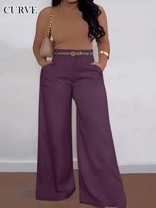 ANCHOSE 大码女式休闲高腰口袋喇叭裤，宽松版型，紫色，初秋春季 - 紫色 - 查看 1