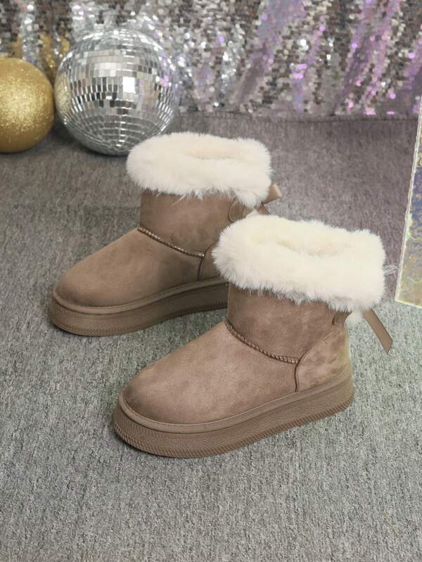 Botas de nieve de suela gruesa con lazo de unicolor de 2025, botas cortas de invierno para mujer con forro grueso para fiestas/uso casual, botas de algodón con forro polar para uso diario/esquí al aire libre con suela antideslizante