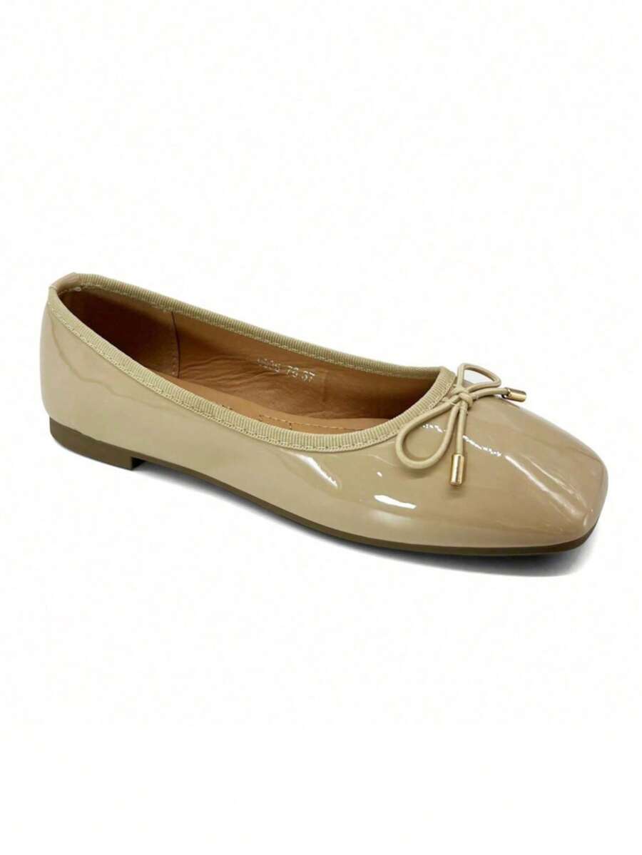RevReaL Square Toe Bow Decor Patent Leather Flat Shoes Valentines - Beige - View 1