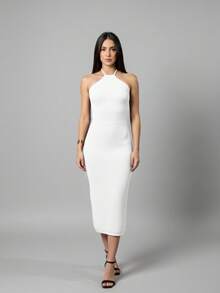 Halter Neck Midi Dress Knit Summer Simple Backless Asymmetrical Formal & Evening Wedding - White - View 2
