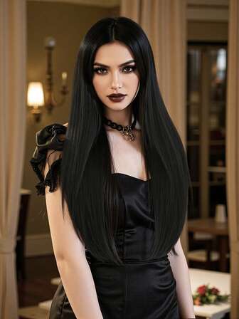 Peluca negra para mujer de 65,3 cm de largo, peluca negra recta sintética para mujer, peluca de cabello negro largo de 65,3 cm (negro) para uso diario, Halloween, fiesta de boda, uso en festivales de música, regalo del Día de la Madre