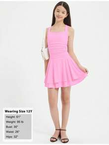 EXARUS Girls' Dress 2025 Summer New Style Party Neck/Scarf Neck Double Design Dress Ruffled Flowing Hem Short A-Line Skirt Pleated Solid Color Sleeveless Suspender Dress Suitable For 8-14 Years Old - 粉紅色-54 - 查看 6