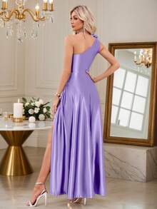 女士优雅光滑针织弹力缎面单肩连衣裙，3D 花卉装饰，性感褶皱夏季晚礼服，高腰喇叭形侧开衩连衣裙，适合约会、派对、庆典、婚礼、伴娘活动、正式场合 - 紫色 - 查看 3