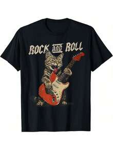 Camiseta de gato guitarrista vintage de rock and roll - Negro - Ver 1