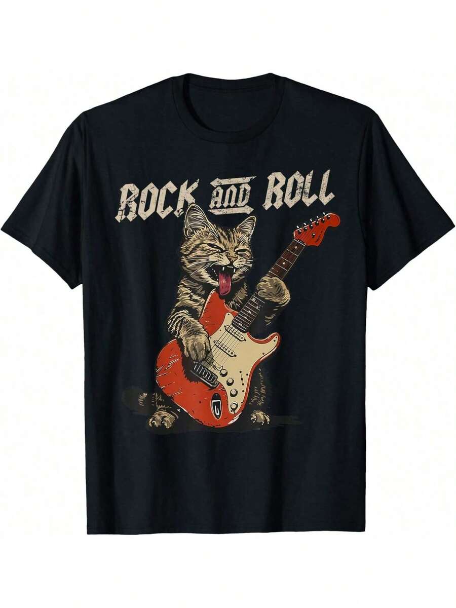 Camiseta de gato guitarrista vintage de rock and roll - Negro - Ver 1