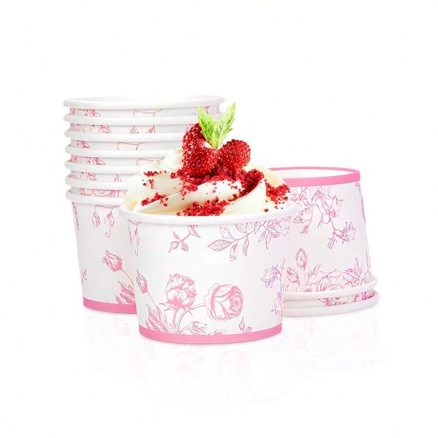 10pcs/20pcs/50pcs White And Pink Floral Treat Snack Cups Pink Flowers Ice Cream CupsChinoiserie Dessert Bowls For Sundae Frozen Yogurt Soup Birthday Tea Party Babe Shower Party Supplies - Multicolor - View 1