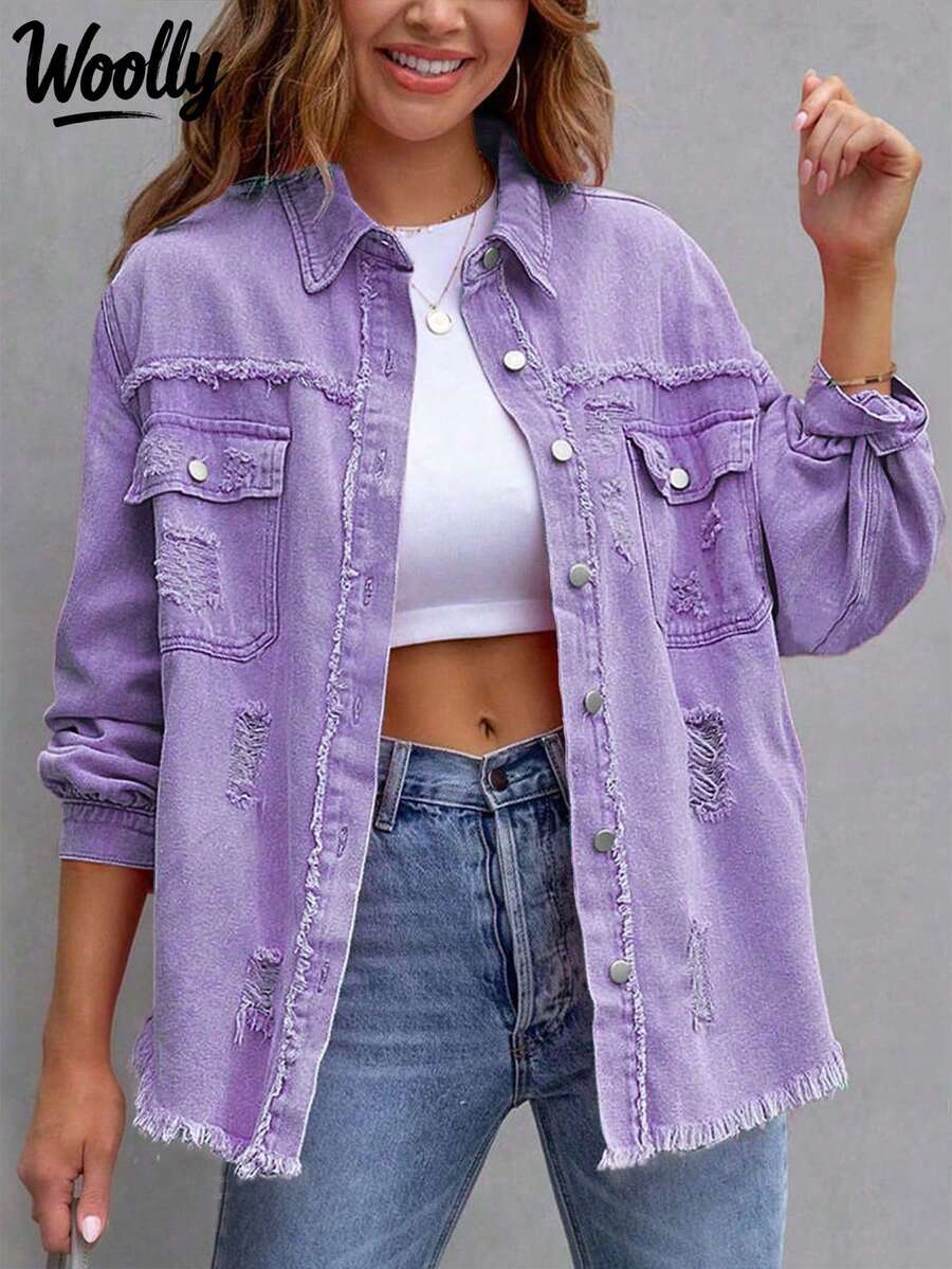 Women's Casual Ripped Pocket Denim Jacket, Suitable For Spring & Autumn - Purple - View 1