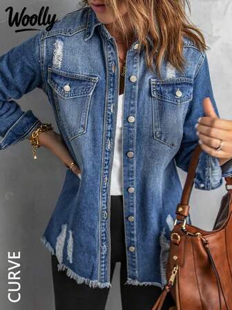 Plus Size Women Casual Distressed Denim Jacket