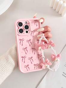 Bowknot Painted Concave Pink Precision Hole Bowknot Faux Pearl Bracelet, Fashionable Thick Precision Hole Simple Anti-Drop Thick Phone Protective Case Printed Compatible With Iphone 17/17 Pro/17 Pro Max/16/16 Pro/16 Pro Max/16 Plus/15 XR/7/8 15 Pro Max/12 Pro Max/13 Pro Max/14 Pro Max 13 14 11 12 P14 Women P11 Soft Shell P12 Anti-Drop XS.XR/78P.78GES2, Phone Case Protective Cover - Multicolor - View 4