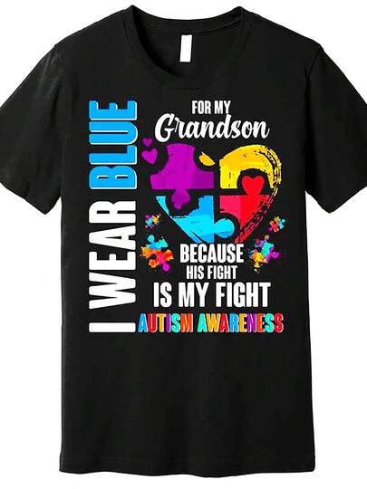 Autism Awareness Cotton T-Shirt, 100% Knit Fabric, Crew Neck, Regular Fit, Medium Stretch, Solid Color With Applique Detail, Casual Style - "I Wear Blue For My Grandson" Graphic Tee
