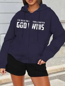 Mujer005 Sudadera con capucha con cremallera del Día de los Muertos  invierno sudadera de manga larga cómoda suave Sudadera con capucha azul oscuro con el estampado "GOD WINS" que transmite una mensajería positiva y poderosa - Azul - Ver 1