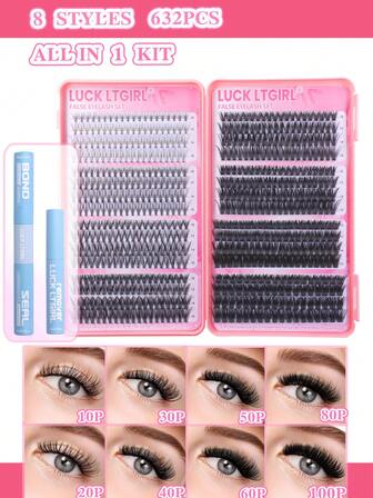 LUCK LTGIRL 632件簇状睫毛延长套装 - 8款睫毛，混合长度（10-16毫米）| 包含睫毛胶、密封胶和镊子 - 非常适合DIY使用：超柔软、纤细、蓬松、轻盈。手工制作，可重复使用，非常适合日常佩戴、约会、派对、婚礼、摄影和定制睫毛艺术。