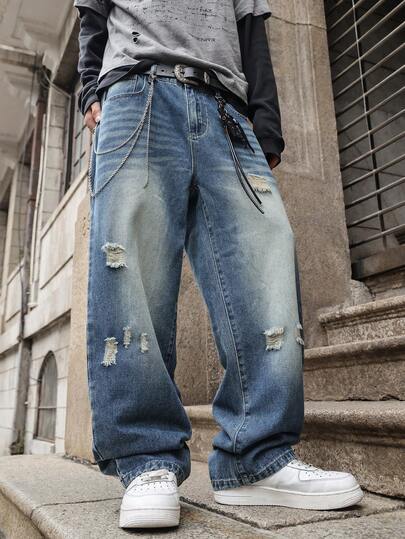 Herren Lässige blaue verwaschen weite gerade Jeans mit Rissen, vielseitig locker gerade Passform geeignet für den täglichen Gebrauch, tolles Geschenk für Ehemann oder Freund