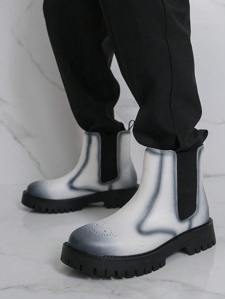 男士高帮皮革牛仔靴，时尚休闲厚底踝靴，百搭街头风格 - 白色 - 查看 1