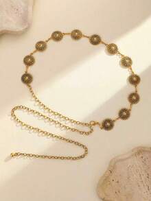 Corrente de Cintura Versátil de Mulher em Padrão Retrô de Girassol, Cinto de Vestido de Moda Feminina, Joia Corporal, Adequado para Primavera, Verão, Outono e Casamento de Inverno, Corrente de Cintura Feminina Ajustável - ouro antigo - Visão 4
