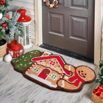 1pc Gingerbread House Christmas Decor Carpet - Soft, Absorbent Bathroom Mat With Non-Slip Backing, Suitable For Bathroom, Front Door And Living Room Kitchen Rug
