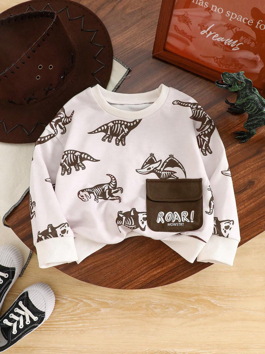 秋冬男婴恐龙印花口袋圆领长袖运动衫，休闲舒适简约百搭，户外玩耍必备服装 - 杏色 - 查看 1