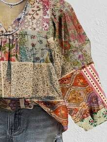 All Over Print  Floral    None    Floral Print Slit Neck Bubble Sleeve Top  Spring/Summer - Nhiều màu - Xem 2